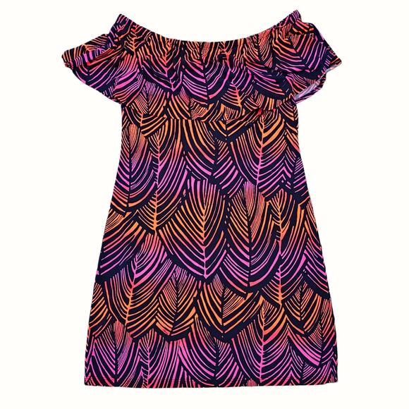 Off Shoulder Dress Trina Turk Merci Size S Navy Neon Orange Purple Print Ruffle - Picture 9 of 9